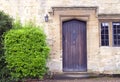 Rustic doors in an old country house, with plants in front .