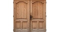 Rustic Double Wooden Doors with Arched Top Panels and Black Handle on White Background double doors vintage Royalty Free Stock Photo