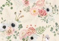 Rustic dried flowers pattern. Watercolor Seamless anemone, rose flower, eucalyptus leaves, pampas