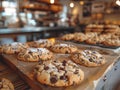 Rustic and dynamic bakery kitchen with a batch of homemade chocolate chip cookies