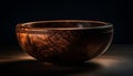 Rustic earthenware bowl on old wooden table generative AI