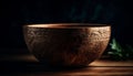 Rustic earthenware bowl on wooden table with decoration generated by AI