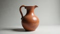 Rustic earthenware jug on plain background. Terracotta vessel with handle. Simple pottery object for kitchen or tableware. Brown Royalty Free Stock Photo
