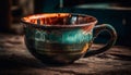 Rustic earthenware mug on old fashioned table in messy kitchen generated by AI