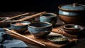 Rustic earthenware set with bamboo chopsticks, still life generated by AI