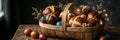 Rustic easter basket with assorted hot cross buns and colorful eggs on wooden table Royalty Free Stock Photo