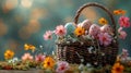 Rustic Easter Basket with Painted Eggs and Wildflowers. Royalty Free Stock Photo