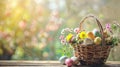 Rustic Easter Basket with Painted Eggs and Wildflowers. Royalty Free Stock Photo