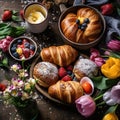 Rustic easter breakfast flat lay with eggs bagels, tulips, croissants, egg, oatmeal with berries, colored quail eggs