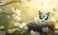 A rustic Easter card with an Easter egg in a nest, highlighted by a toned background Royalty Free Stock Photo