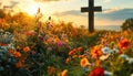 Rustic Easter Cross Standing in old cemetery among flowers and greenery and illuminated by morning sunligh Royalty Free Stock Photo