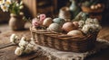 Rustic Easter eggs in wicker basket with spring flowers on wooden table, cozy decor concept Royalty Free Stock Photo