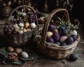 Rustic Easter Eggs in Wicker Baskets Royalty Free Stock Photo