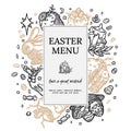Rustic Easter Menu Template as vector image. Ready to Use Engraved style Illustration with Design Elements. Kulich with Royalty Free Stock Photo