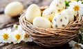 Rustic Easter Nest with Decorated Eggs and White Flowers Royalty Free Stock Photo