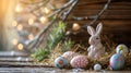 Rustic Easter Scene with Decorated Eggs and Bunny Figurine