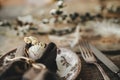 Rustic Easter table setting. Natural egg in napkin with flowers, setting with vintage plate, cutlery, pussy willow branches on