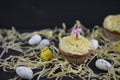 Cupcake topped with a miniature person figurine holding a sign indicating i love Easter with some decorations Royalty Free Stock Photo