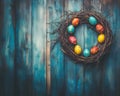 Rustic Easter Wreath Decor Painted Eggs Spring Holiday art red wood blue card blue teal Royalty Free Stock Photo