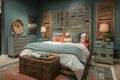 Rustic elegance in a bedroom with reclaimed wood headboard and a cozy, earth-toned palette