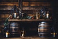 Rustic elegance. cozy decor with wooden table, wine barrels, and candlelit ambiance