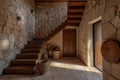 Rustic Elegance: Cozy Hallway with Wooden Staircase and Stone Cladding Wall, Modern Home Interior Entrance Royalty Free Stock Photo