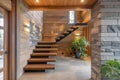 Rustic Elegance: Cozy Hallway with Wooden Staircase and Stone Cladding Wall, Modern Home Interior Entrance Royalty Free Stock Photo