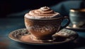 Rustic elegance: hot cappuccino in old fashioned pottery on wooden table generated by AI