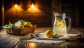 Rustic Elegance in Low Light A Charming Dinner Scene with a Lemonade Jug and Paper Napkins Royalty Free Stock Photo