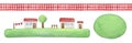 Rustic element set with decorative seamless gingham ribbon, cute little houses on green grass and round watercolor shape to place