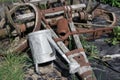 Rustic equipment from rural farm is corroded and rusty