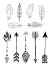 Rustic Ethnic boho style feathers and arrows. Vintage vector set.