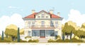Cartoon Facade of a Grand Yellow House with Red Roof and Overgrown Garden Royalty Free Stock Photo