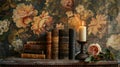 Rustic faded wallpaper sets the scene for a vintageinspired podium adorned with classic books and a flickering candle