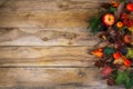 Rustic fall background with pumpkin, apples and cones