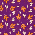 Rustic fall orange leaves seamless purple pattern. Royalty Free Stock Photo