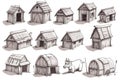 Rustic farm buildings with multiple structures and equipment