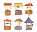 Rustic farm, countryside village water wells made from wood plank, brick and stones isolated set