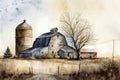 Rustic Farm Landscape with Barn and Silo in Watercolors. Perfect for Invitations and Posters.