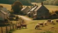 Rustic farm landscape with grazing cattle and flock of sheep generated by AI Royalty Free Stock Photo