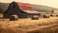 Rustic farm landscape with rolled up hay bales in meadow generated by AI Royalty Free Stock Photo