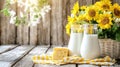 Rustic Farm Milk, Cheese, Sunflowers, Spring Royalty Free Stock Photo