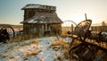 Rustic farm sceen with sun start through field rake Royalty Free Stock Photo