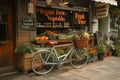 Rustic farm stand with fresh vegetables and vintage bicycle, showcasing local produce
