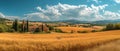 Rustic farmhouse amidst golden fields under a clear sky. idyllic countryside landscape captured in panoramic view Royalty Free Stock Photo