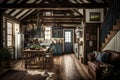 rustic farmhouse with exposed wooden beams and family heirlooms on display Royalty Free Stock Photo