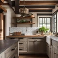 A rustic farmhouse kitchen with exposed beams, vintage decor, and a farmhouse sink1 Royalty Free Stock Photo