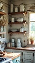 Rustic farmhouse kitchen shelves with vintage enamelware and natural decor Royalty Free Stock Photo