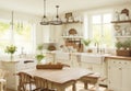 A rustic farmhouse kitchen with a wooden harvest table, exposed beams,
