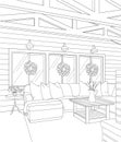 Rustic Farmhouse Living Room Vector Outline